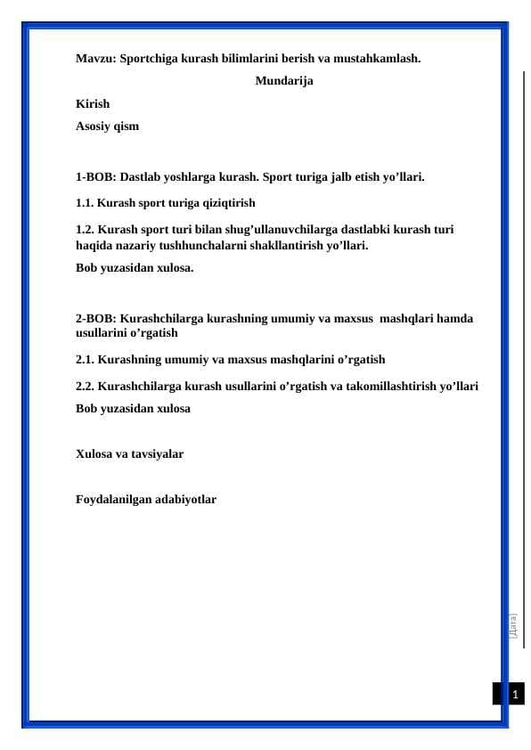 Sportchiga kurash bilimlarini berish va mustaxkamlash. kurs ishi