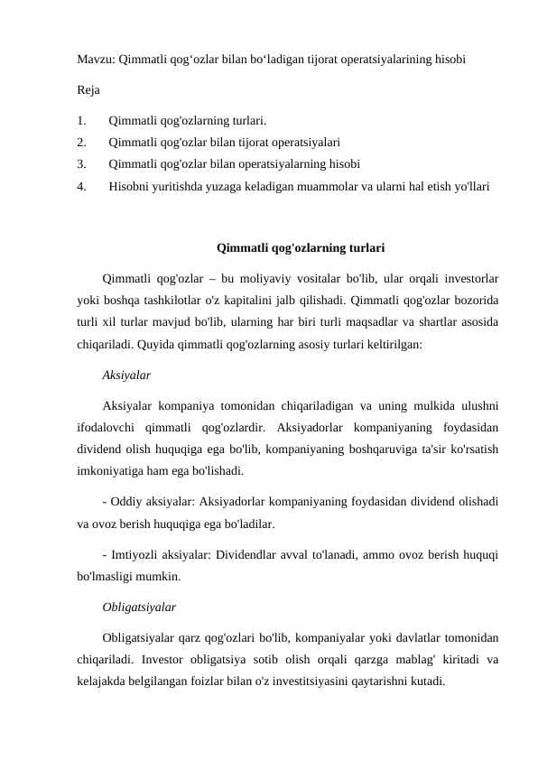 Qimmatli qogʻozlar bilan boʻladigan tijorat operatsiyalarining hisobi