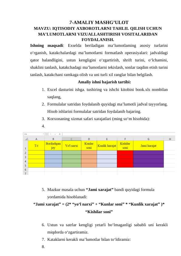 IQTISODIY AXBOROTLARNI TAHLIL QILISH UCHUN MA’LUMOTLARNI VIZUALLASHTIRISH VOSITALARIDAN FOYDALANISH.