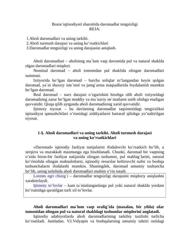 Bozor iqtisodiyoti sharoitida daromadlar tengsizligi