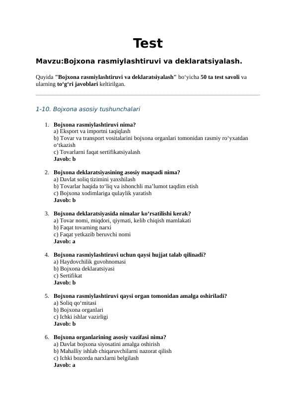 Mavzu:Bojxona rasmiylashtiruvi va deklaratsiyalash
