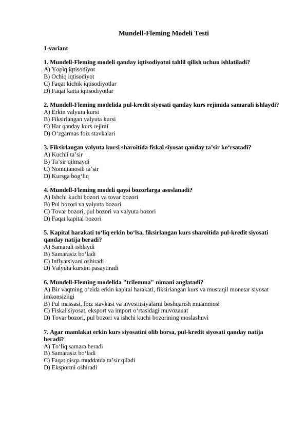 Mundell-Fleming Modeli Testi