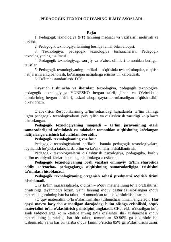 PEDAGOGIK TEXNOLOGIYANING ILMIY ASOSLARI.