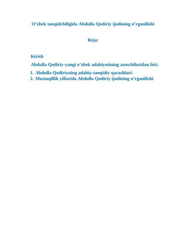 O’zbek tanqidchiligida Abdulla Qodiriy ijodining o’rganilishi