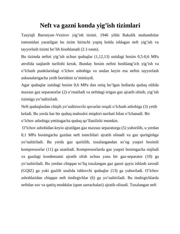 Neft va gazni konda yig'ish tizimlari.