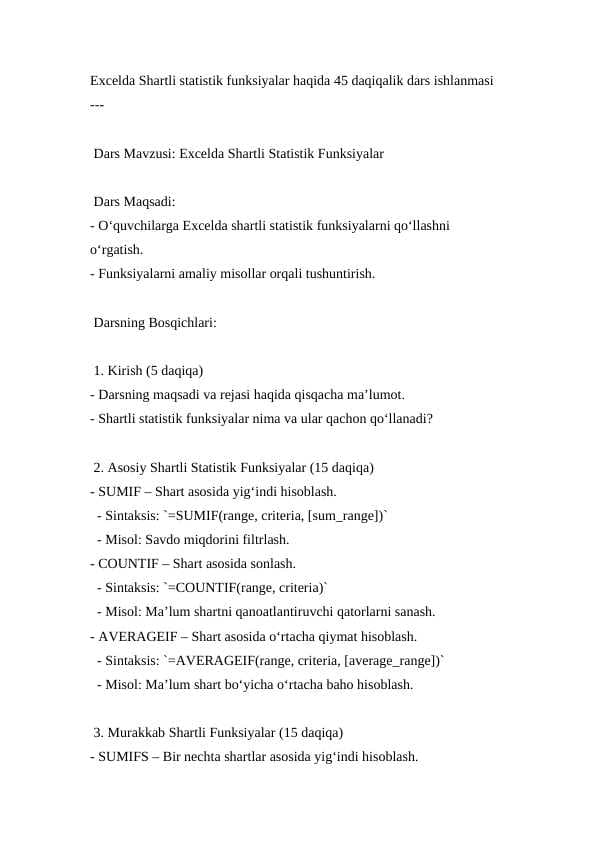 Excelda Shartli Statistik Funksiyalar ( Dars ishlanma )