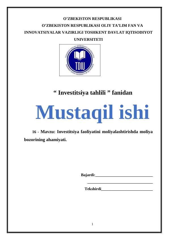 Investitsiya faoliyatini moliyalashtirishda moliya bozorining ahamiyati.