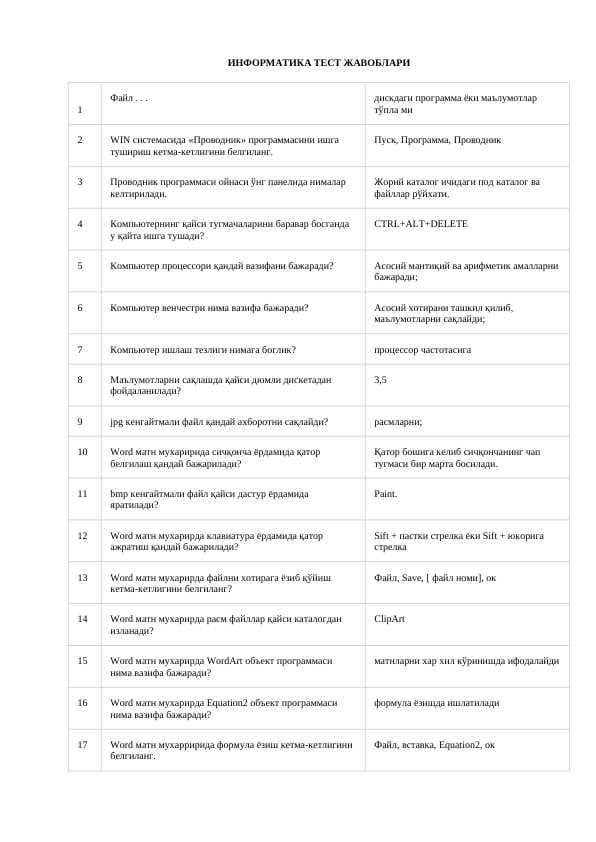 Informatika test javoblari bilan.