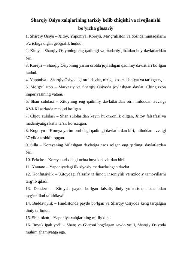 Sharqiy Osiyo xalqlarining tarixiy kelib chiqishi va rivojlanishi bo‘yicha glosariy