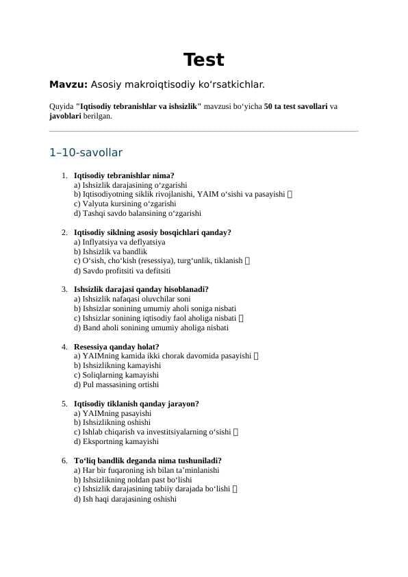 Mavzu: Asosiy makroiqtisodiy koʻrsatkichlar. TEST JAVOBLARI BILAN