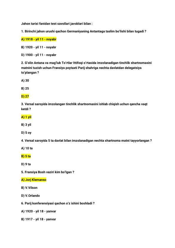 Jahon tarixi / 27 ta Test / Javoblari bilan