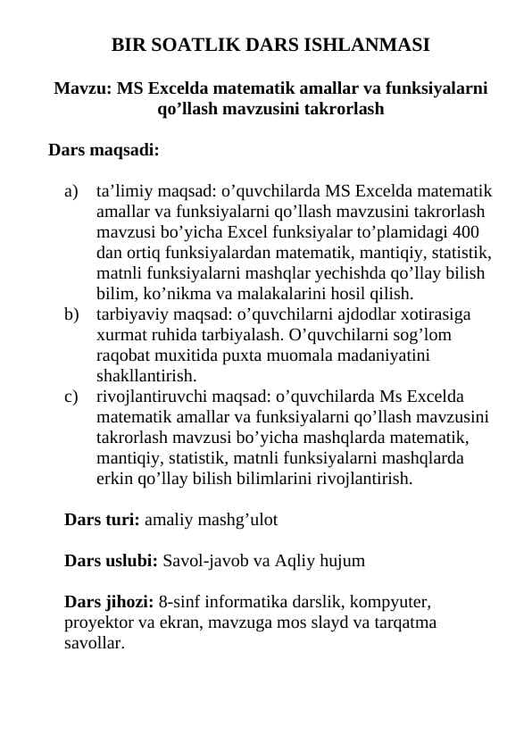 Ms Excelda matematik amallar va funksiyalarni qoʻllash mavzusini takrorlash