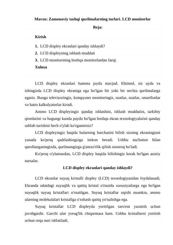 Zamonaviy tashqi qurilmalarning turlari. LCD monitorlar.docx
