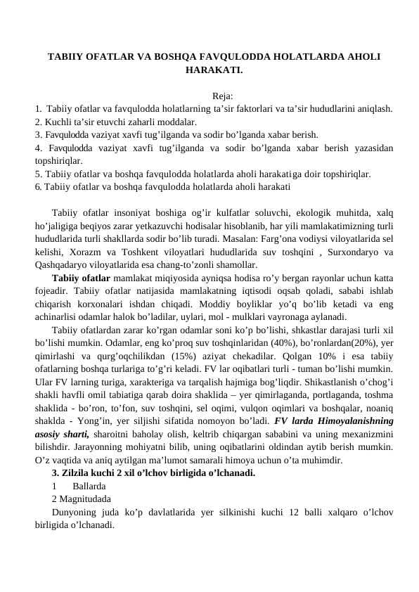 Tabiiy ofatlar va boshqa favqulotda holatlar