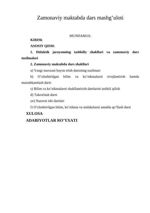 Zamonaviy maktabda dars mashg’uloti