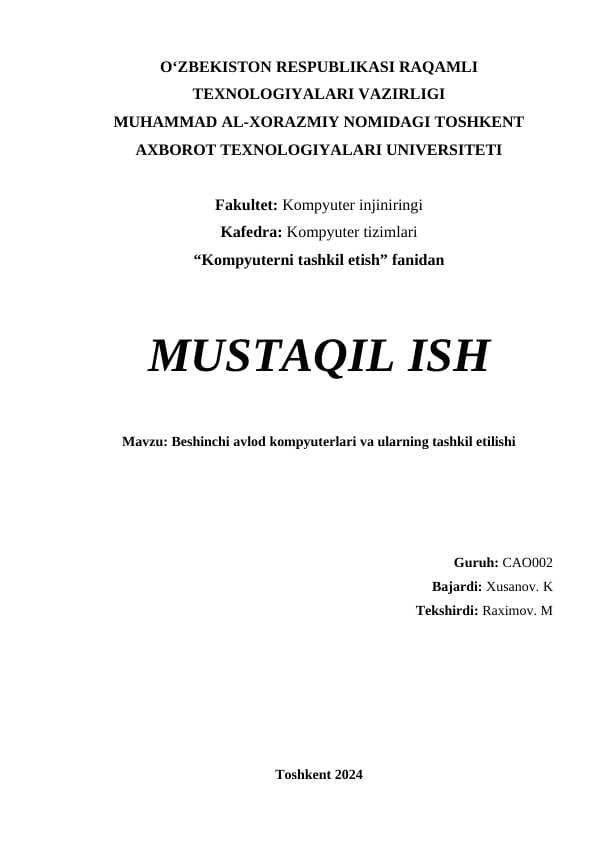 Beshinchi avlod kompyuterlari va ularning tashkil etilishi
