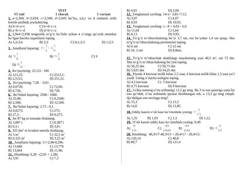 6-sinf 1-4 chorak matematika