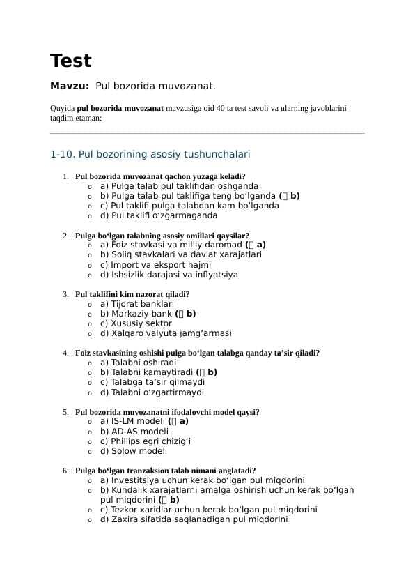 Mavzu:  Pul bozorida muvozanat . TEST JAVOBLARI BILAN