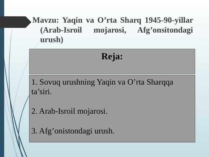 Yaqin va O’rta Sharq 1945-90-yillar (Arab-Isroil mojarosi, Afg’onsitondagi urush)