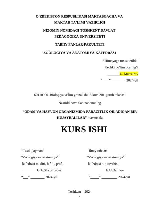 ODAM VA HAYVON ORGANIZMIDA PARAZITLIK QILADIGAN BIR HUJAYRALILAR.docx