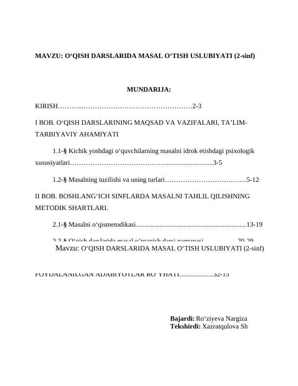 O‘QISH DARSLARIDA MASAL O‘TISH USLUBIYATI