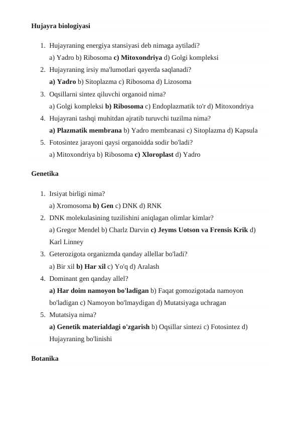 biologiyasi TEST