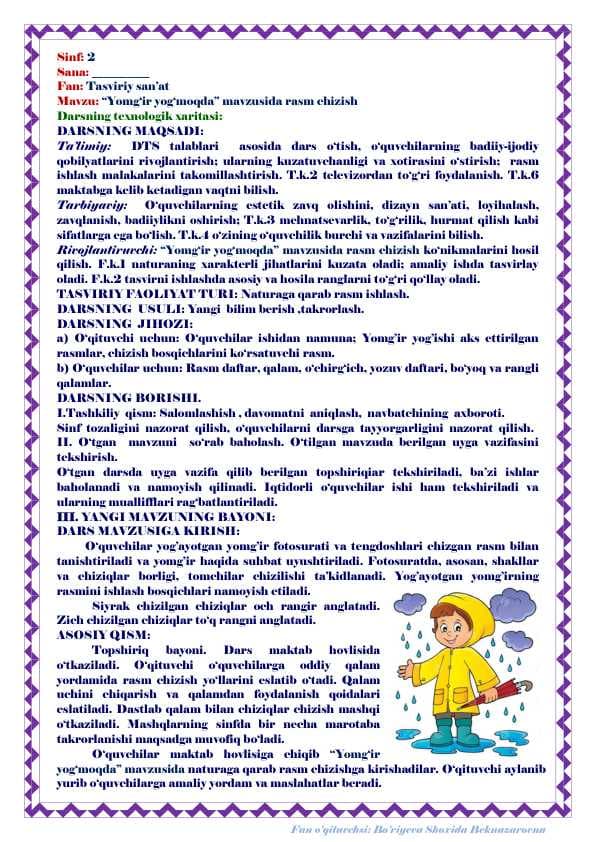 DARS ISHLANMA_2-SINF_9-mavzu. “Yomg'ir yog'moqda” mavzusida rasm chizish