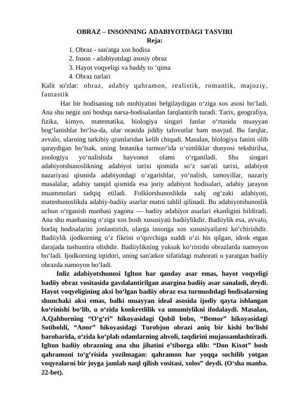OBRAZ – INSONNING ADABIYOTDAGI TASVIRI