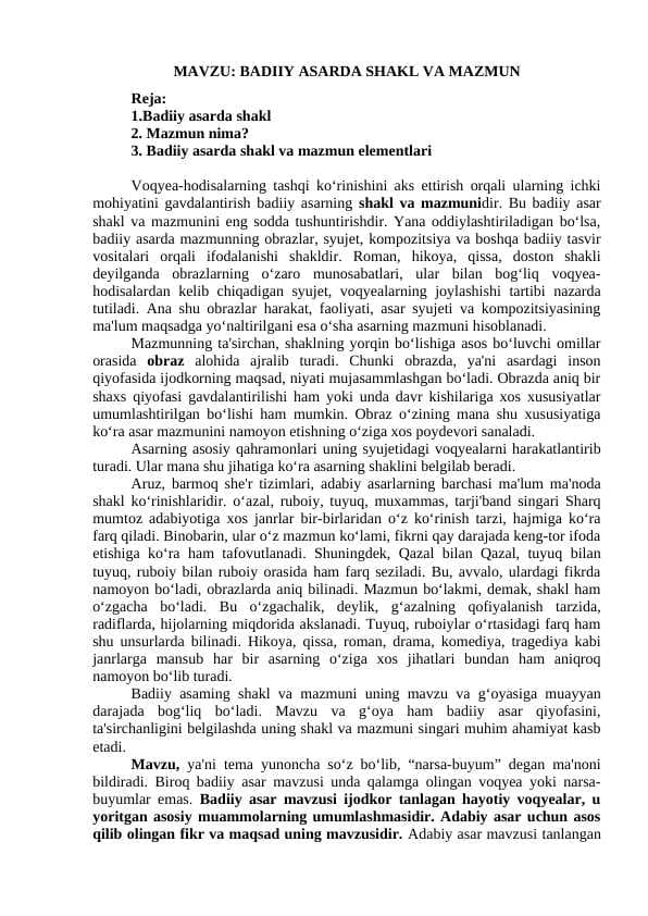 BADIIY ASARDA SHAKL VA MAZMUN