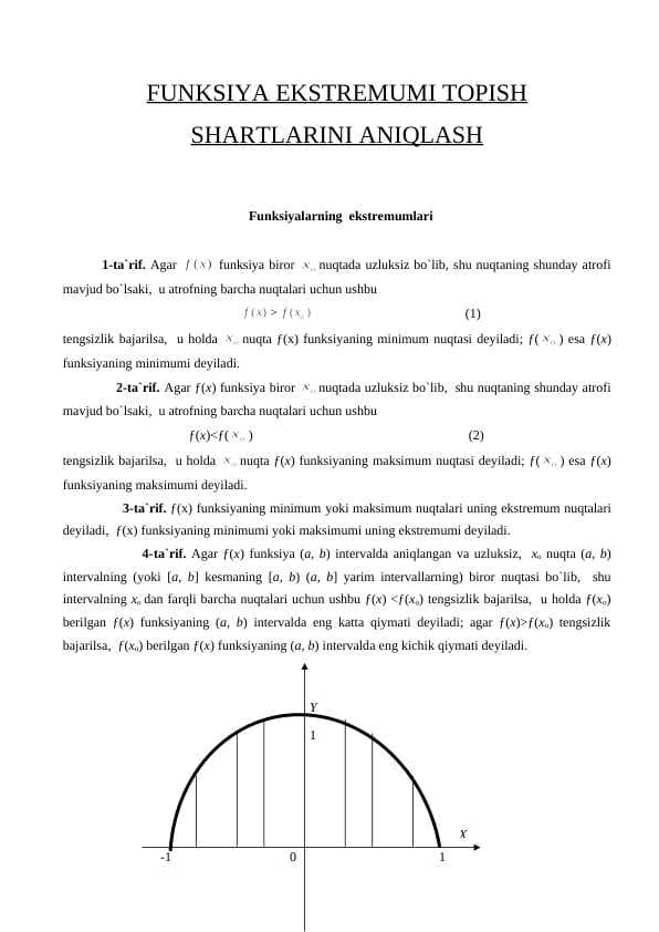 FUNKSIYA EKSTREMUMI TOPISH SHARTLARINI ANIQLASH