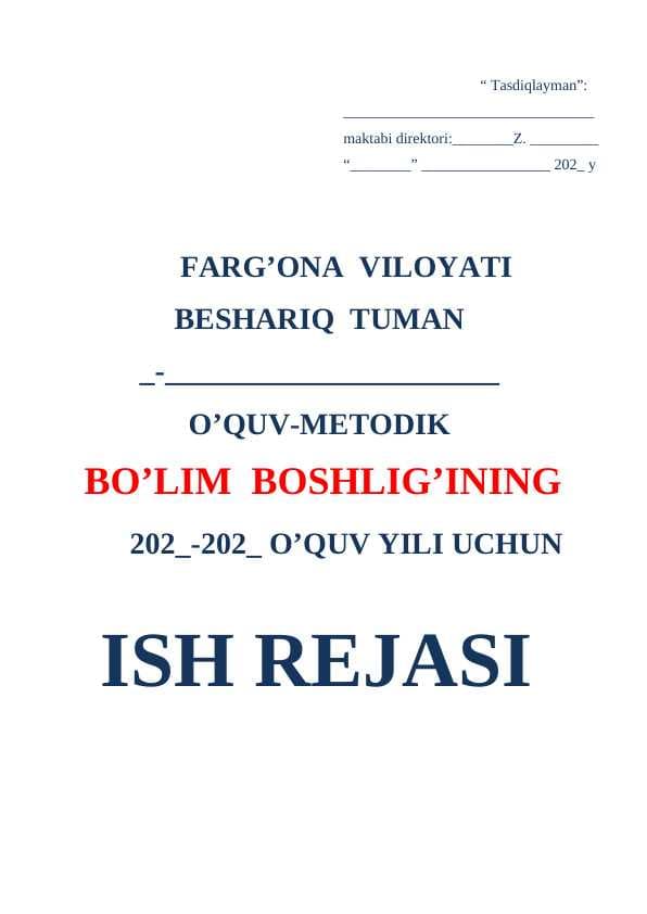 Bo'lim boshlg'i yillik ish reja