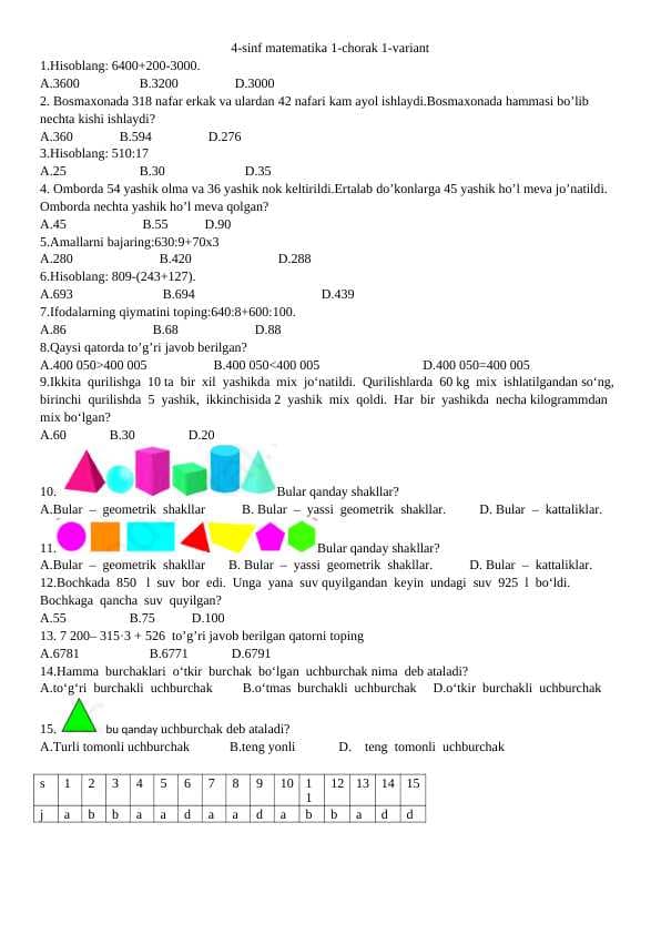 4-sinf matematika 1-chorak 1-variant