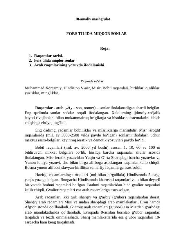 FORS TILIDA MIQDOR SONLAR