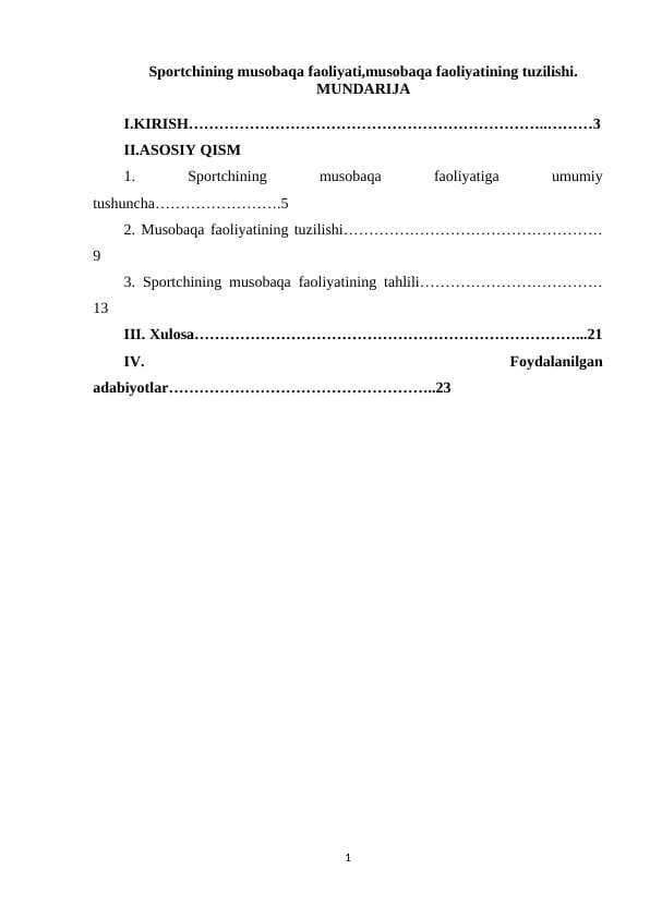 Sportchining musobaqa faoliyati,musobaqa faoliyatining tuzilishi.