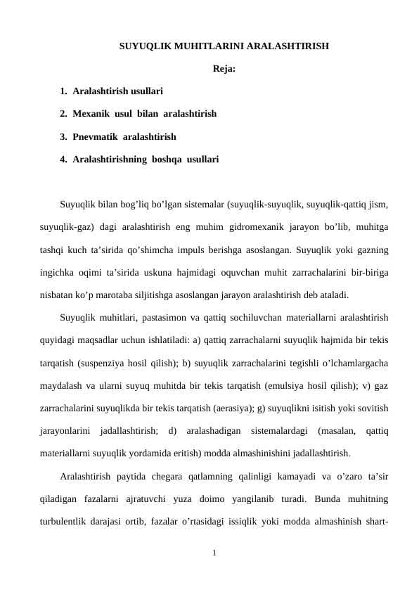 SUYUQLIK MUHITLARINI ARALASHTIRISH