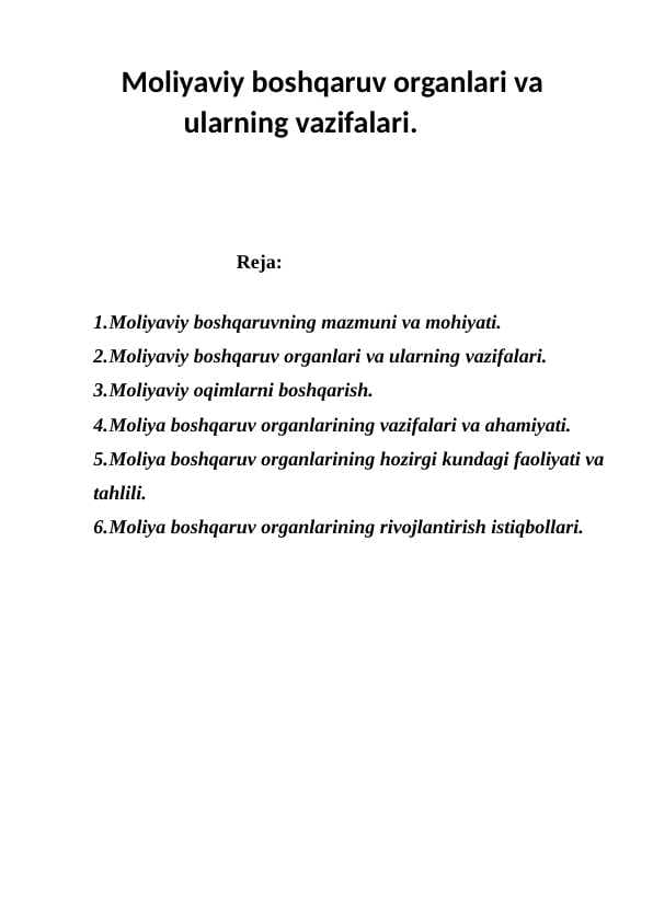 Moliyaviy boshqaruv organlari va               ularning vazifalari.