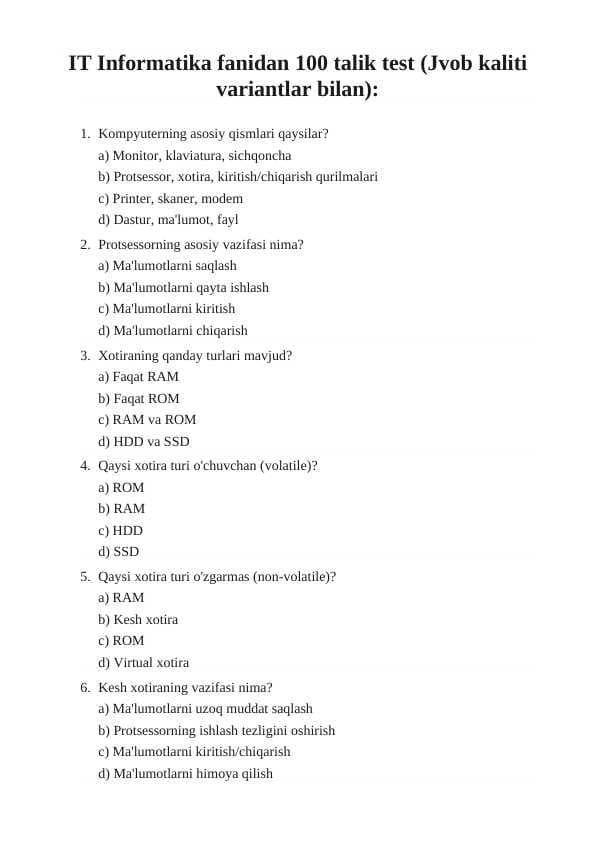 IT Informatika fanidan 100 talik test
