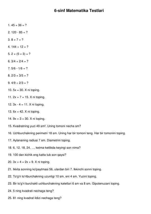 Matematika test savollar