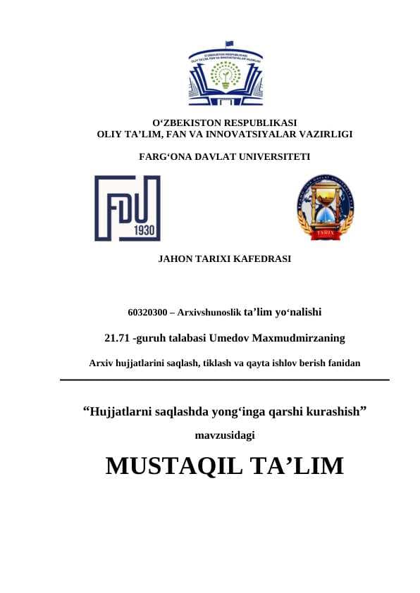 Hujjatlarni saqlashda yong‘inga qarshi kurashish