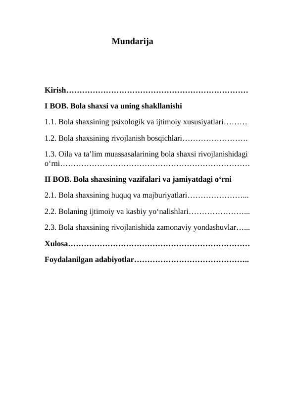 Bola shaxsi, vazifalari KURS ISHI
