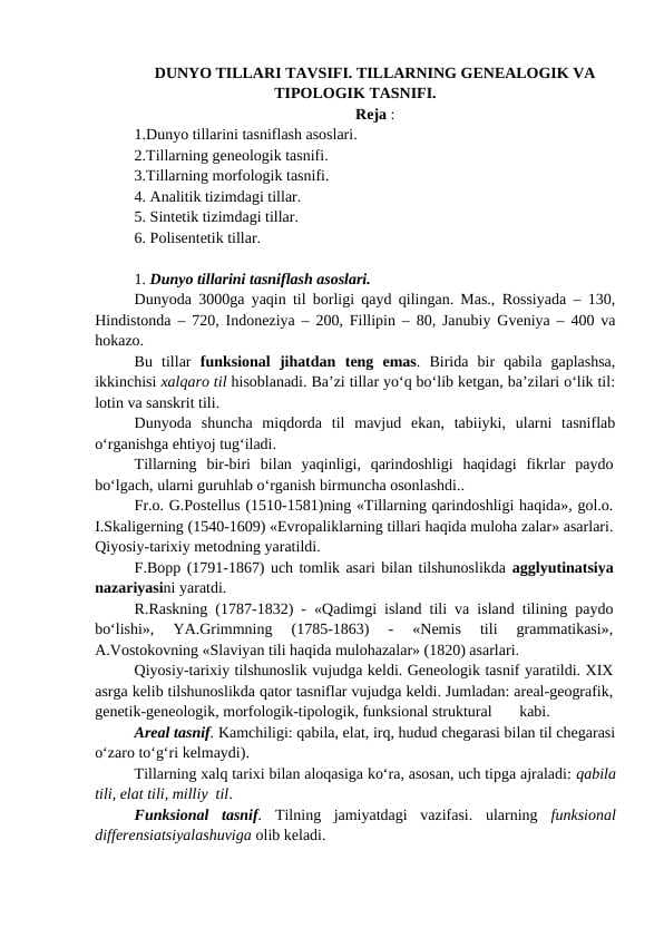 DUNYO TILLARI TAVSIFI. TILLARNING GENEALOGIK VA TIPOLOGIK TASNIFI