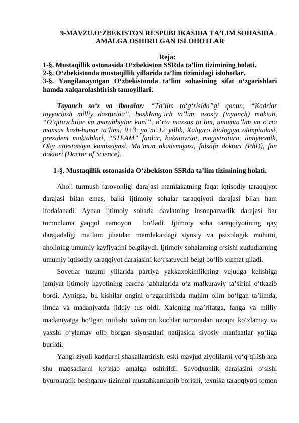 O‘ZBEKISTON RESPUBLIKASIDA TA’LIM SOHASIDA AMALGA OSHIRILGAN ISLOHOTLAR