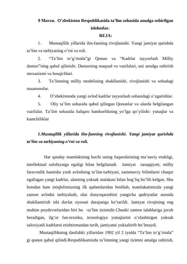 O’zbekiston Respublikasida ta’lim sohasida amalga oshirilgan islohotlar
