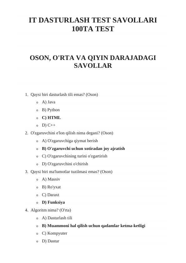IT DASTURLASH TEST SAVOLLARI 100TA TEST