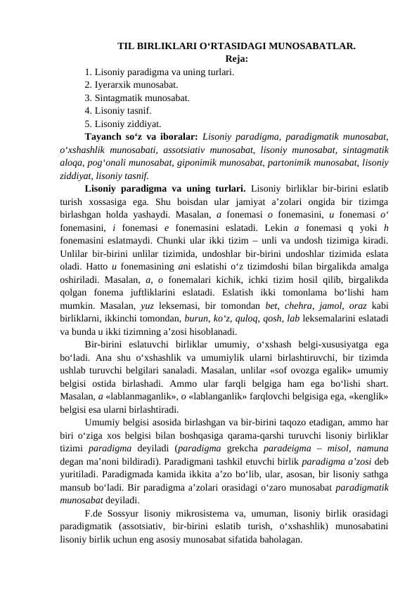 TIL BIRLIKLARI O‘RTASIDAGI MUNOSABATLAR