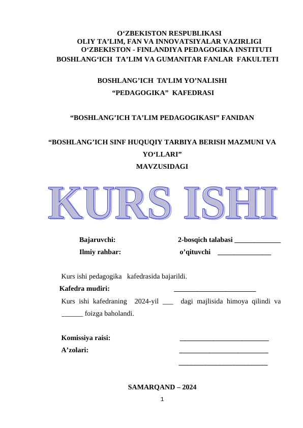 BOSHLANG’ICH SINF HUQUQIY TARBIYA BERISH MAZMUNI VA YO‘LLARI