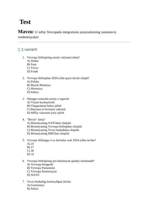 G‘arbiy Yevropada integratsion jarayonlarning zamonaviy tendentsiyalari. TEST JAVOBLARI BILAN