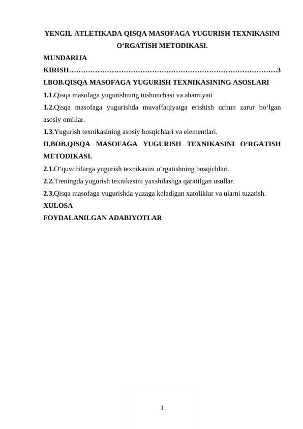 YENGIL ATLETIKADA QISQA MASOFAGA YUGURISH TEXNIKASINI O‘RGATISH METODIKASI.