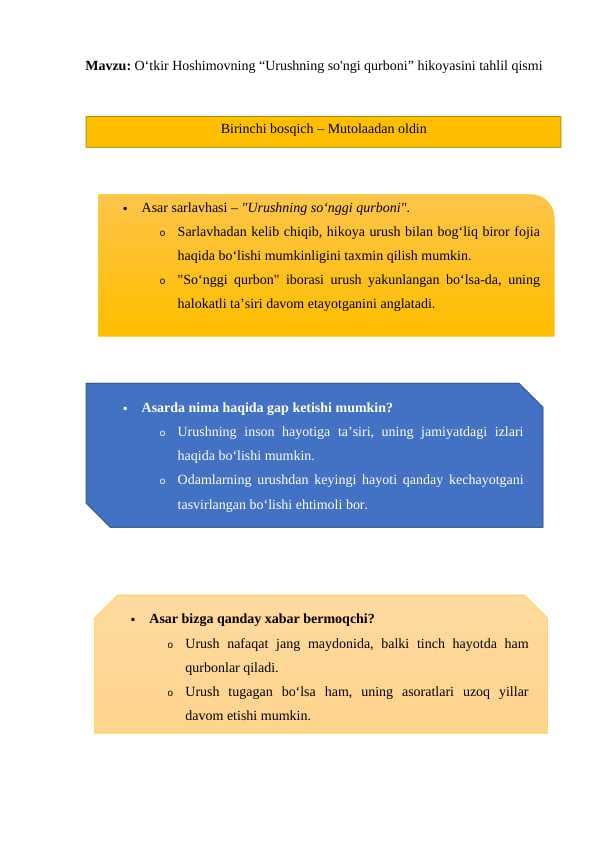 O‘tkir Hoshimovning “Urushning so'ngi qurboni” hikoyasini tahlil qismi