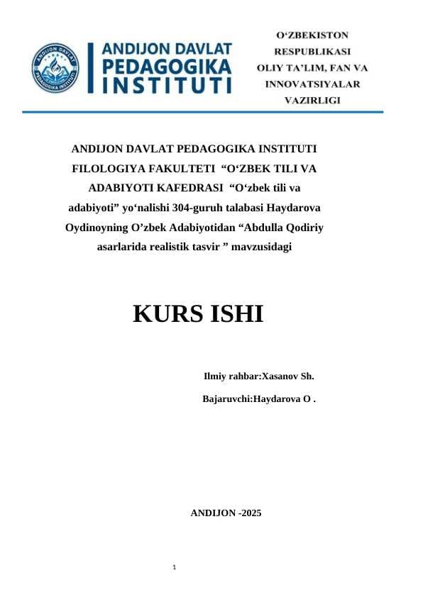 Abdulla Qodiriy asarlarida realistik tasvir kurs ishi